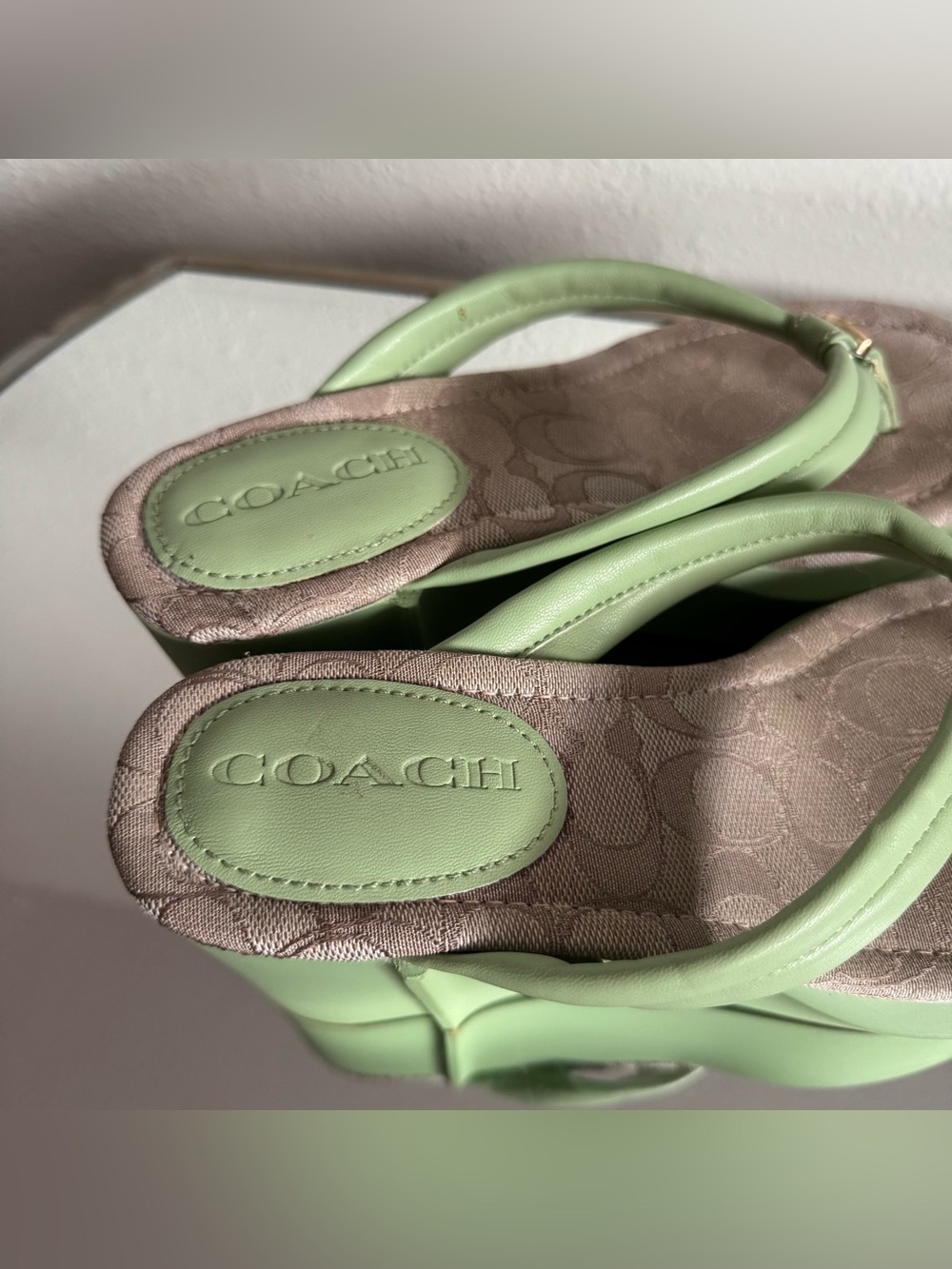 COACH Pistachio Green Leather Y2K Franki Monogram Platform Sandal Flip Flops - Picture 13 of 14